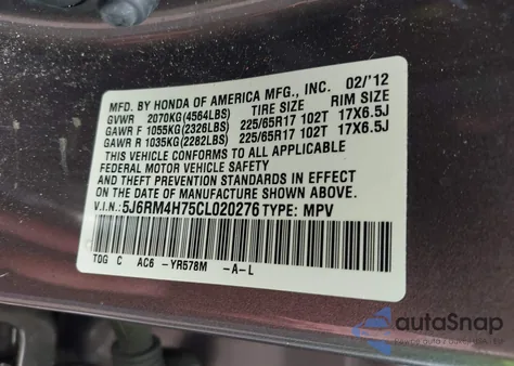2012 Honda Cr-V Ex-L from USA, damaged, VIN 5J6RM4H75CL020276
